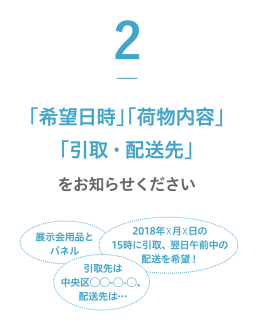 2.「希望日時」「荷物内容」「引取・配送先」をお知らせください